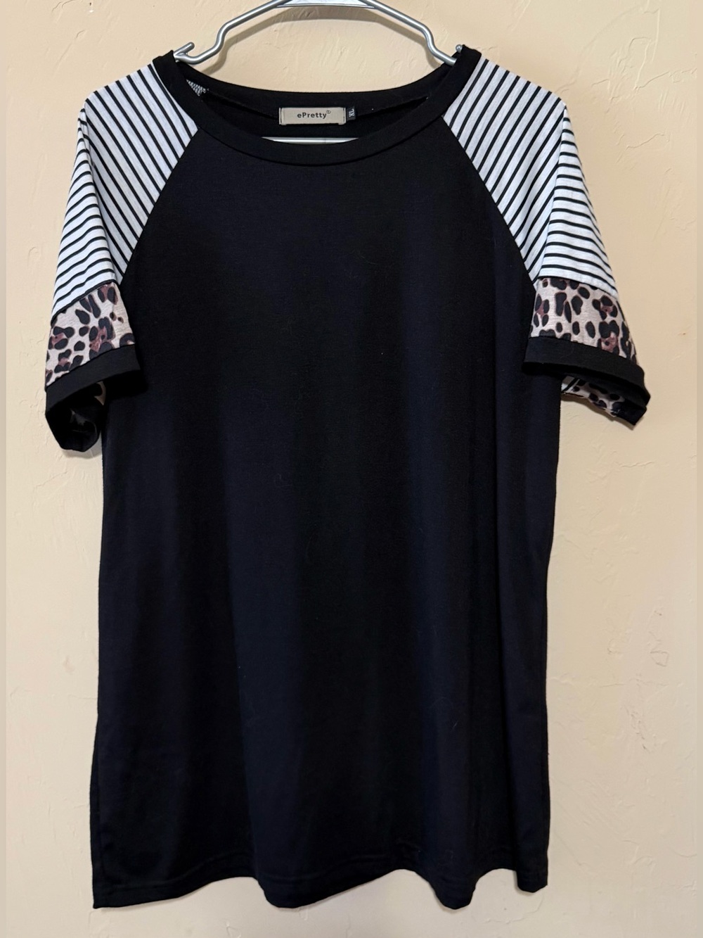 ePretty Black Raglan Tee with Striped Shoulders and Leopard Trim